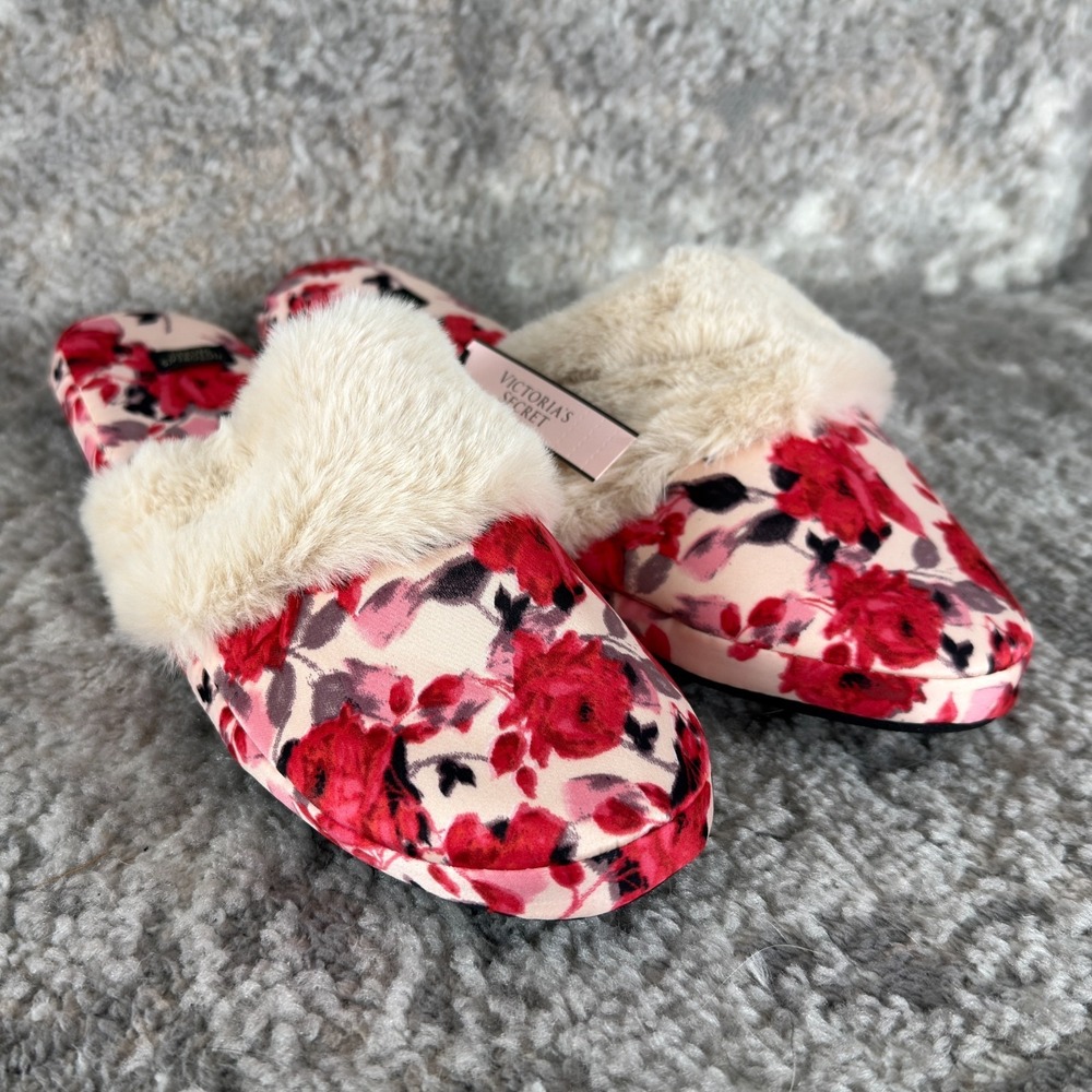 Victoria's Secret Size L 9-10 Floral Signature Satin Slippers Dust Bag Rose NEW